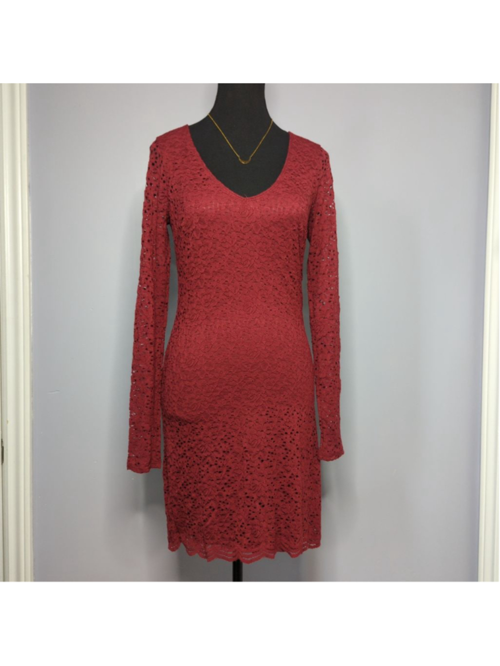 Hollister NWT Burgundy Floral Lace Long Sleeve Skater Dress - M - Keyhole Back